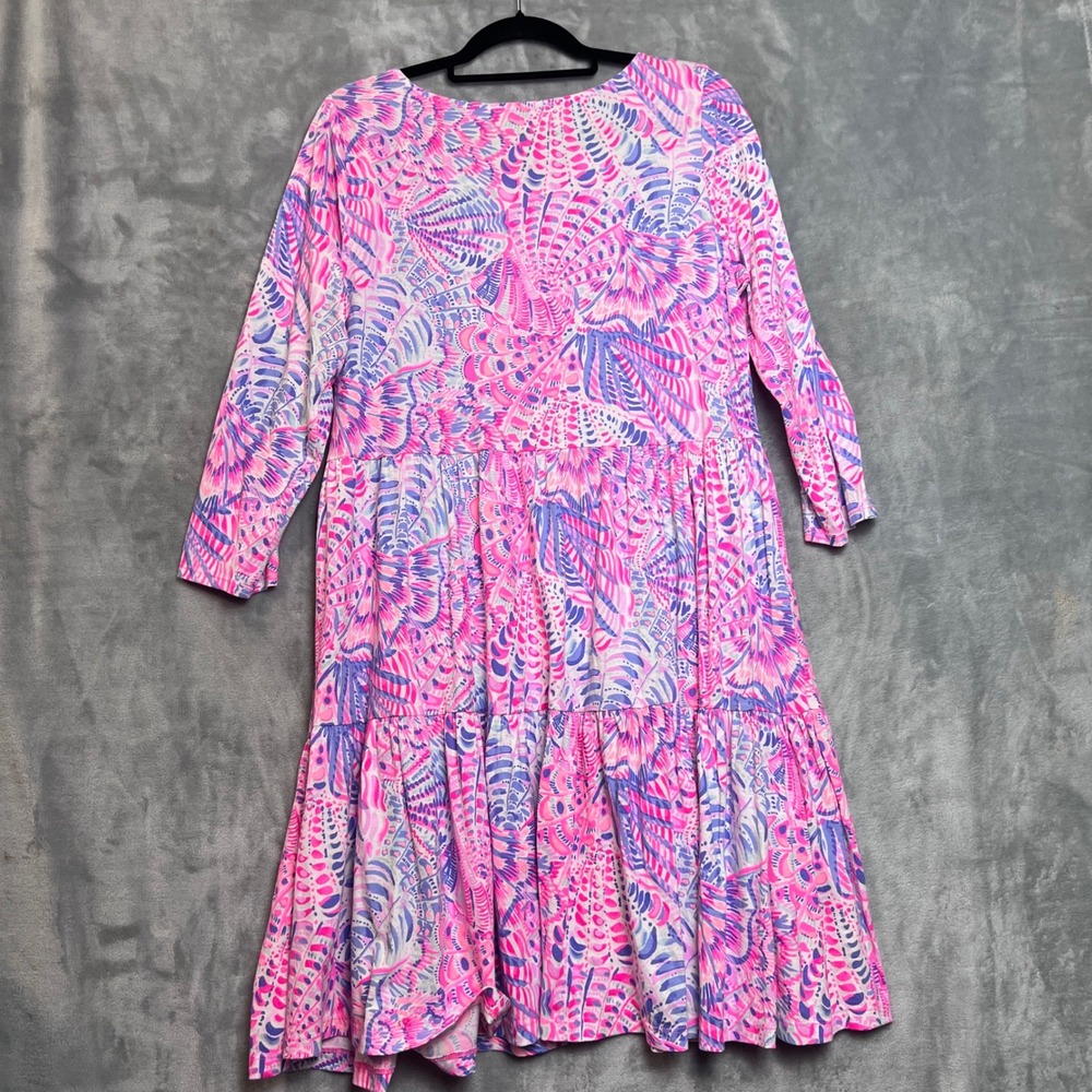 Lilly Pulitzer Pink Purple Shell Print Tiered Cotton Midi Dress Large 3/4 Sleeve - Picture 2 of 10